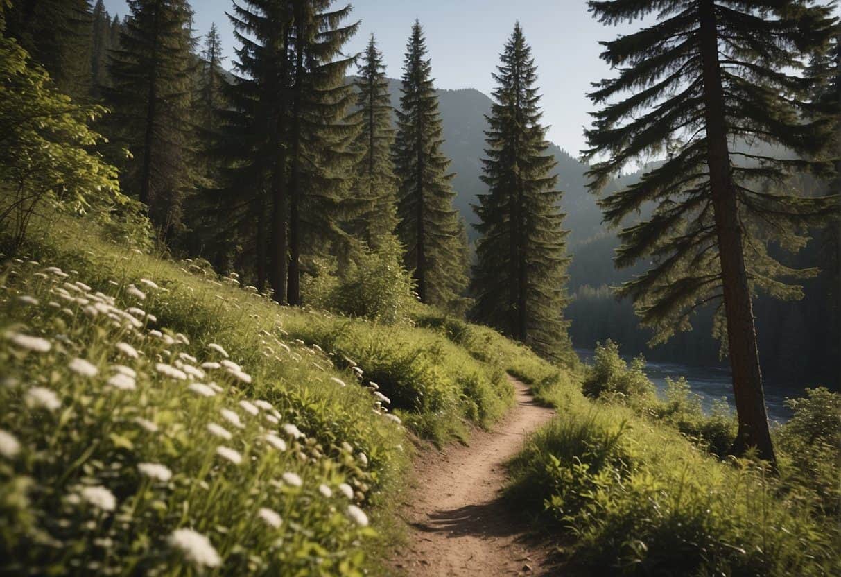 Hiking trails wind through lush forests, leading to tranquil lakes and scenic viewpoints. Tall trees and diverse wildlife create a serene atmosphere