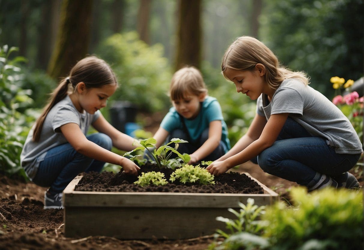 A group of children are gardening and composting in a lush Pacific Northwest setting, surrounded by trees and native plants. They are engaged in eco-friendly activities, working with soil and organic materials