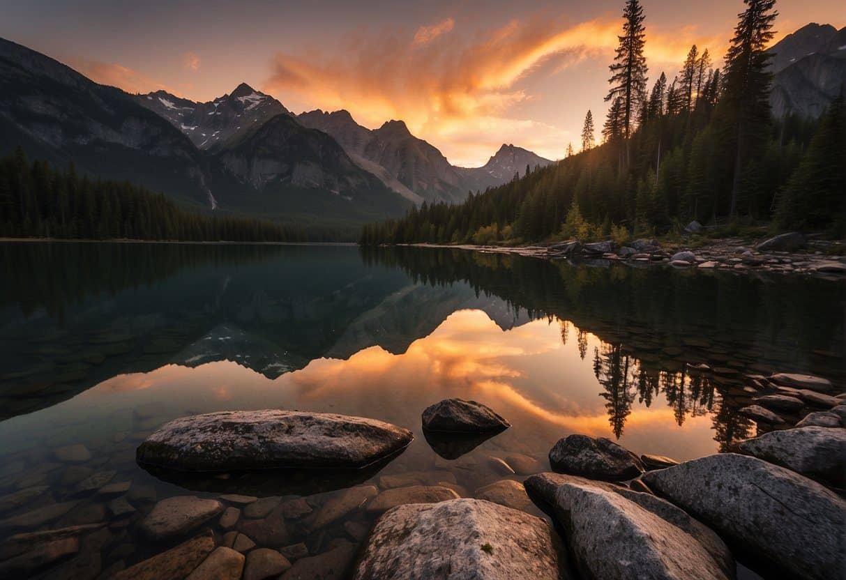 The sun sets behind the jagged peaks of the North Cascades, casting a warm glow over the tranquil Hozomeen Campground. The still waters of Ross Lake reflect the stunning natural beauty surrounding the area