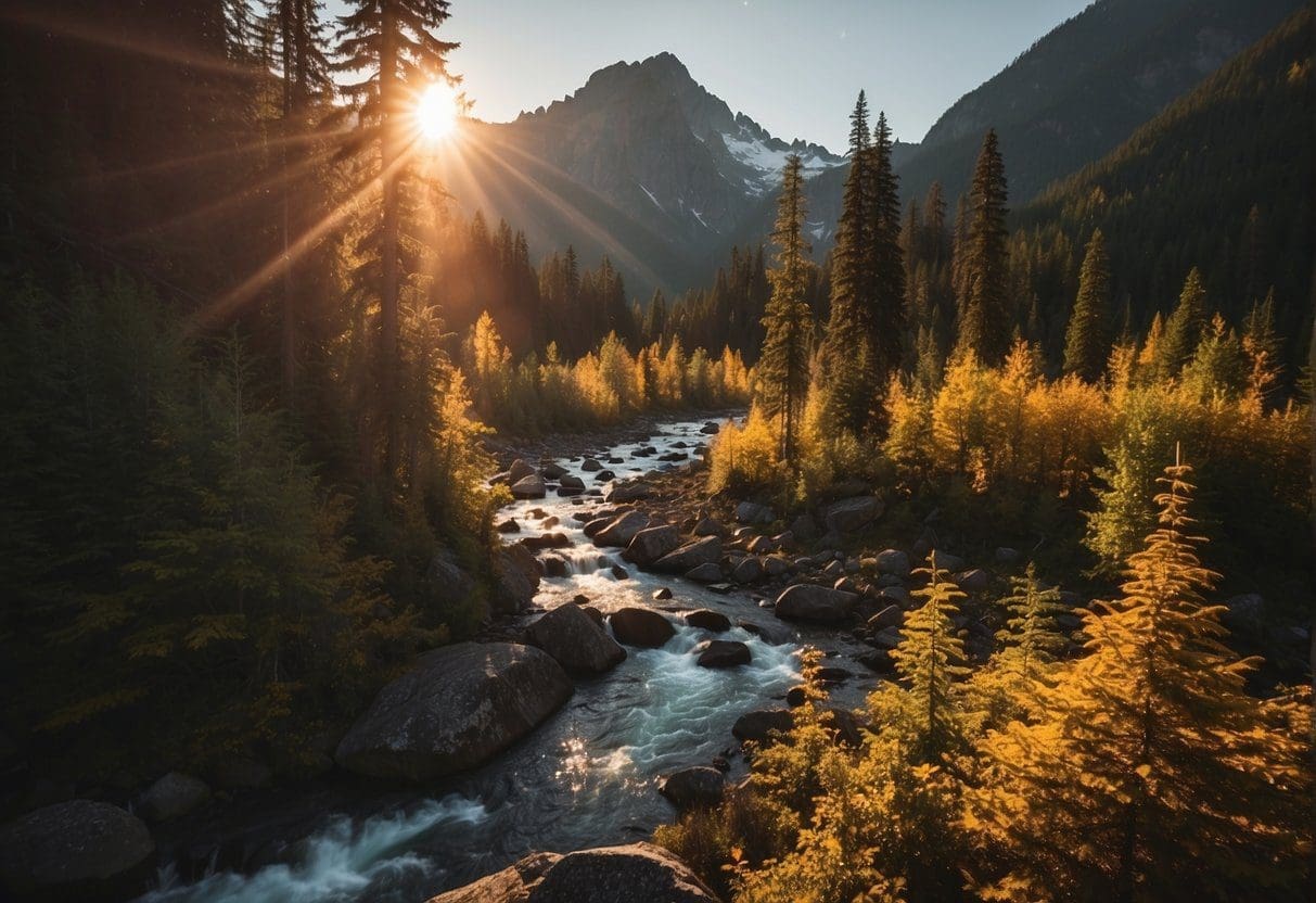 The sun sets behind the rugged peaks of the North Cascades, casting a warm glow over the Hozomeen Campground. A gentle breeze rustles the leaves of the surrounding trees as the sound of a nearby stream provides a soothing backdrop