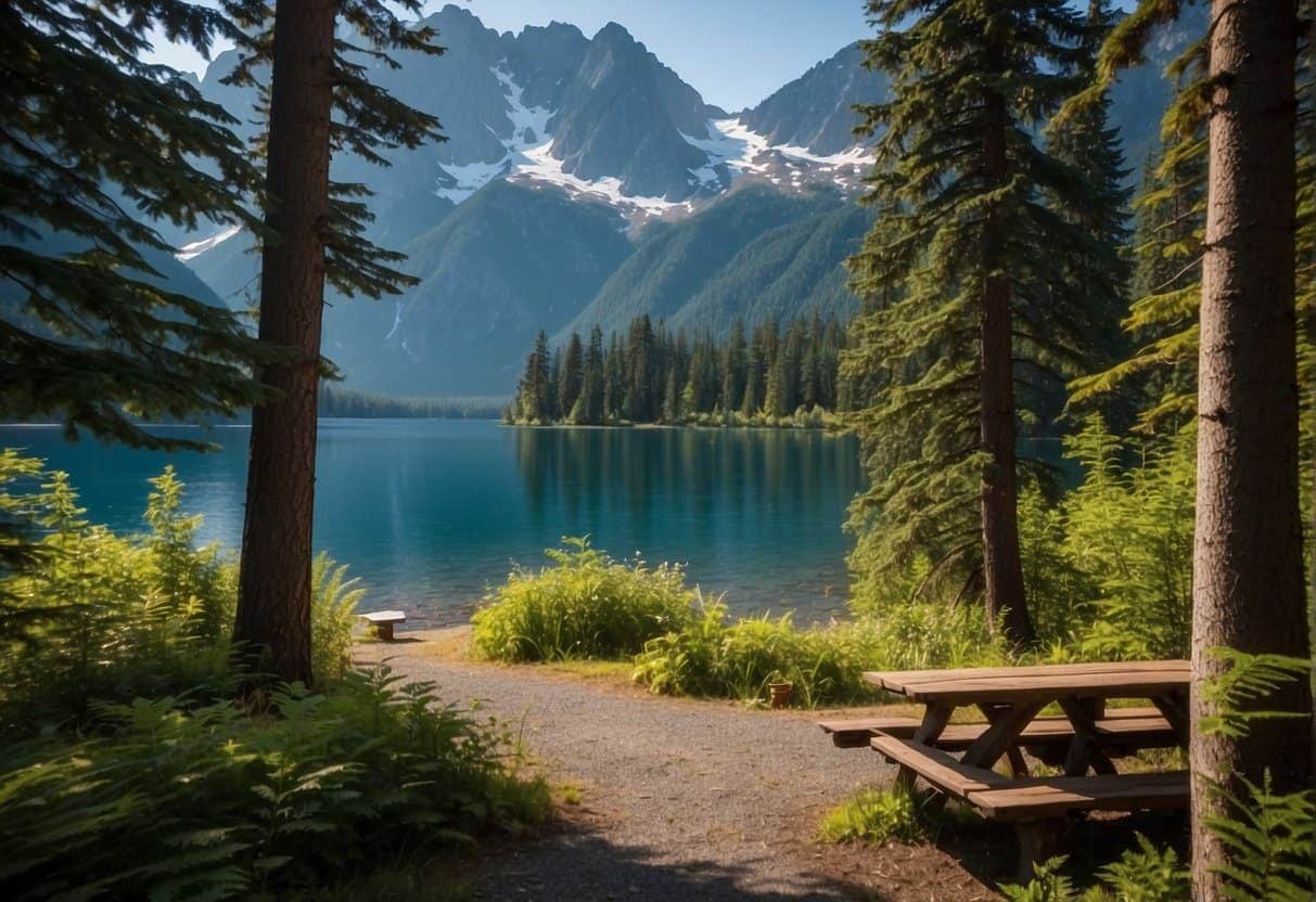 The Hozomeen Campground in North Cascades is surrounded by towering mountains, lush forests, and a tranquil lake. Nearby attractions include hiking trails, fishing spots, and picnic areas, while facilities such as restrooms and picnic tables provide convenience for