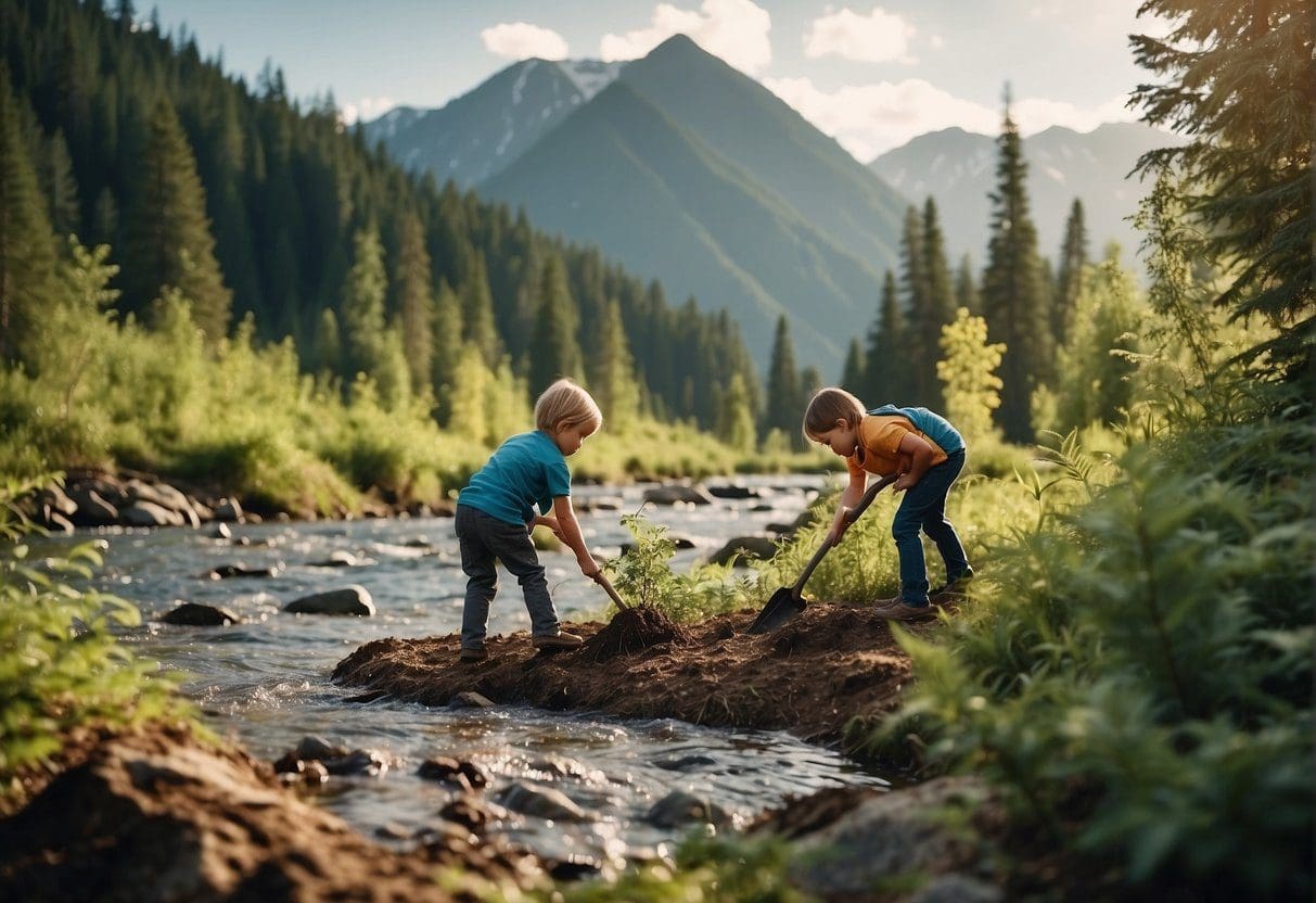 Children planting trees in a lush forest, surrounded by towering evergreen trees and a flowing river, with mountains in the background. Easy ideas for eco-friendly activities for kids