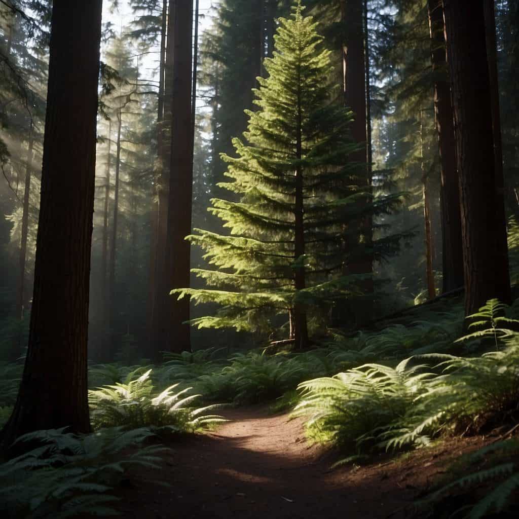 A towering western hemlock tree stands proudly in a lush forest, its branches reaching out and casting dappled shadows on the forest floor