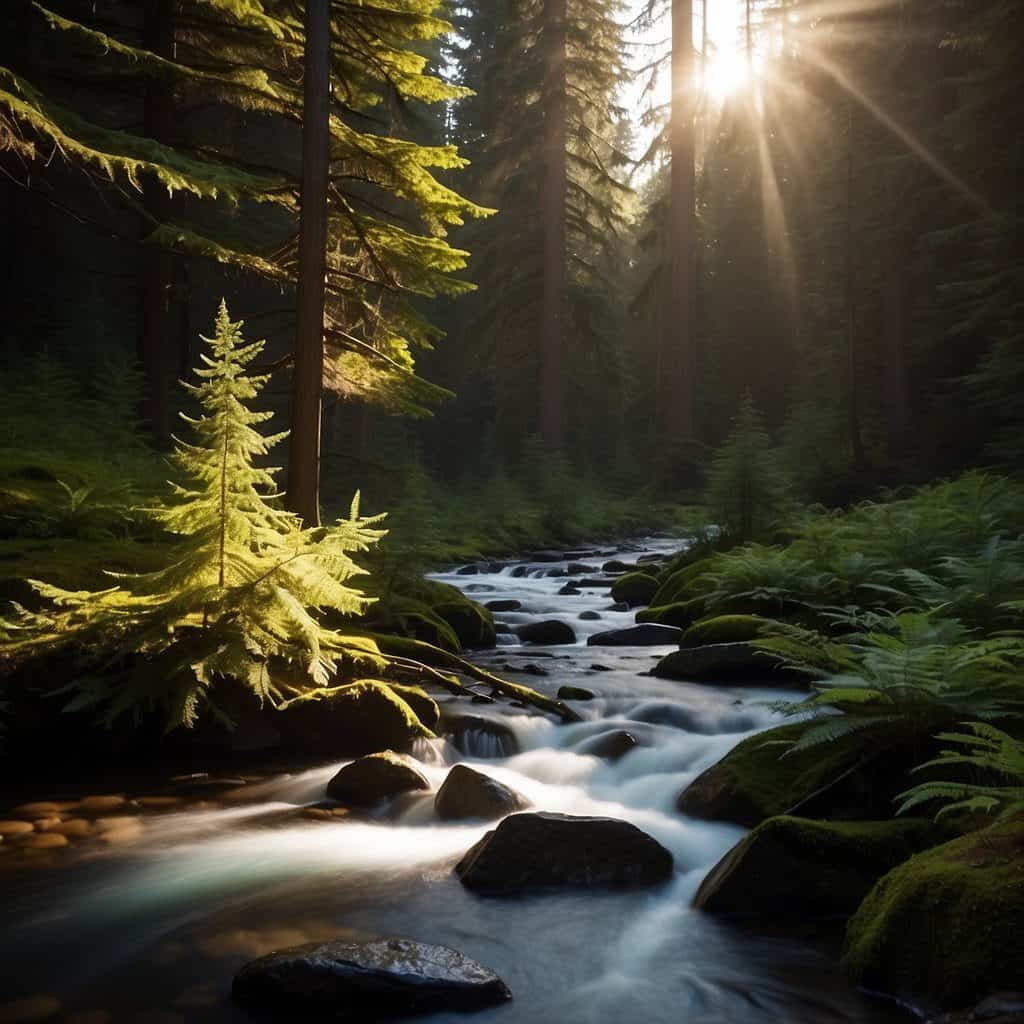 Sunbeams pierce the thick woodland canopy, casting a gentle glow on the elegant limbs of western hemlock trees. A soft bed of shed needles blankets the earth, fostering a tranquil and restful ambiance.