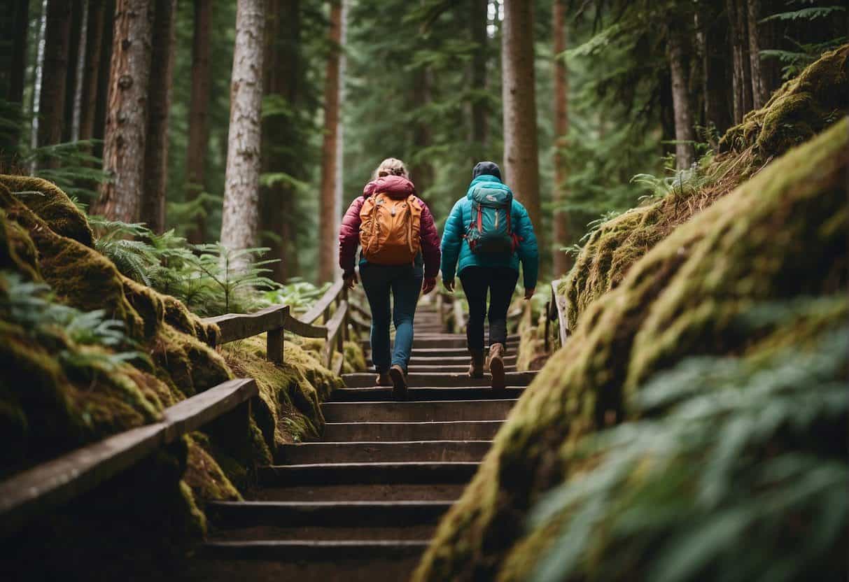 People climbing stairs at a campground in Olympic National Park