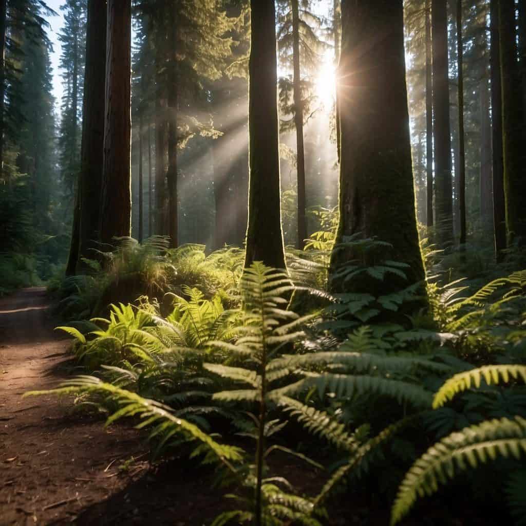 Sunlight filters through dense forest, illuminating a tranquil campground nestled among towering trees and lush greenery in Olympic National Park