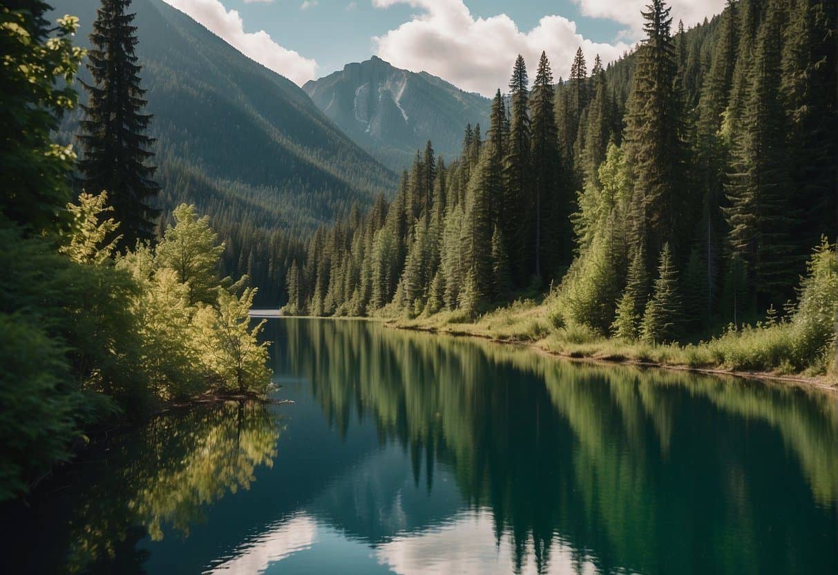 Lush green forests with winding trails, towering mountains in the distance, and a serene lake reflecting the surrounding beauty