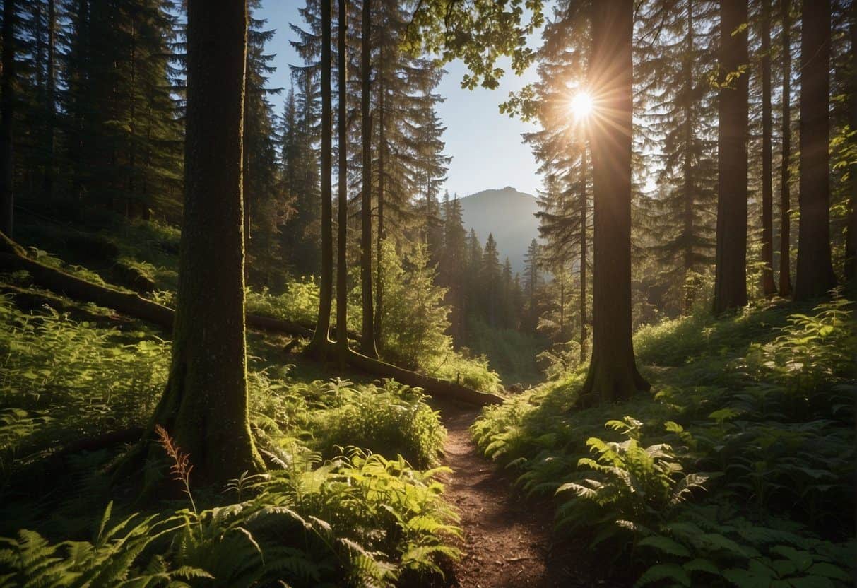 Lush green forests, winding trails, and majestic mountains surround Bellingham. The sun shines through the trees, casting dappled shadows on the forest floor