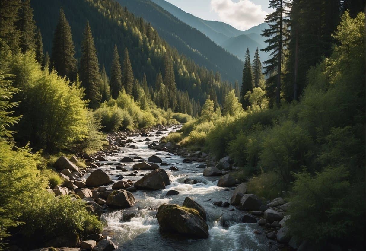 Lush forest trail winds through mountains, with a clear stream and towering trees. Rocky peaks in the distance