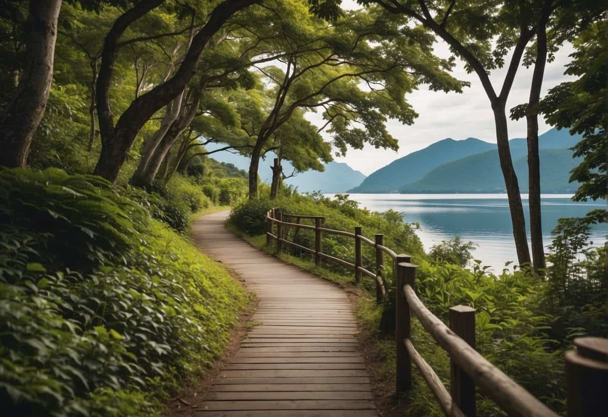 A winding trail leads through lush greenery, alongside a tranquil waterfront. Tall trees and colorful foliage line the path, with distant mountains in the background