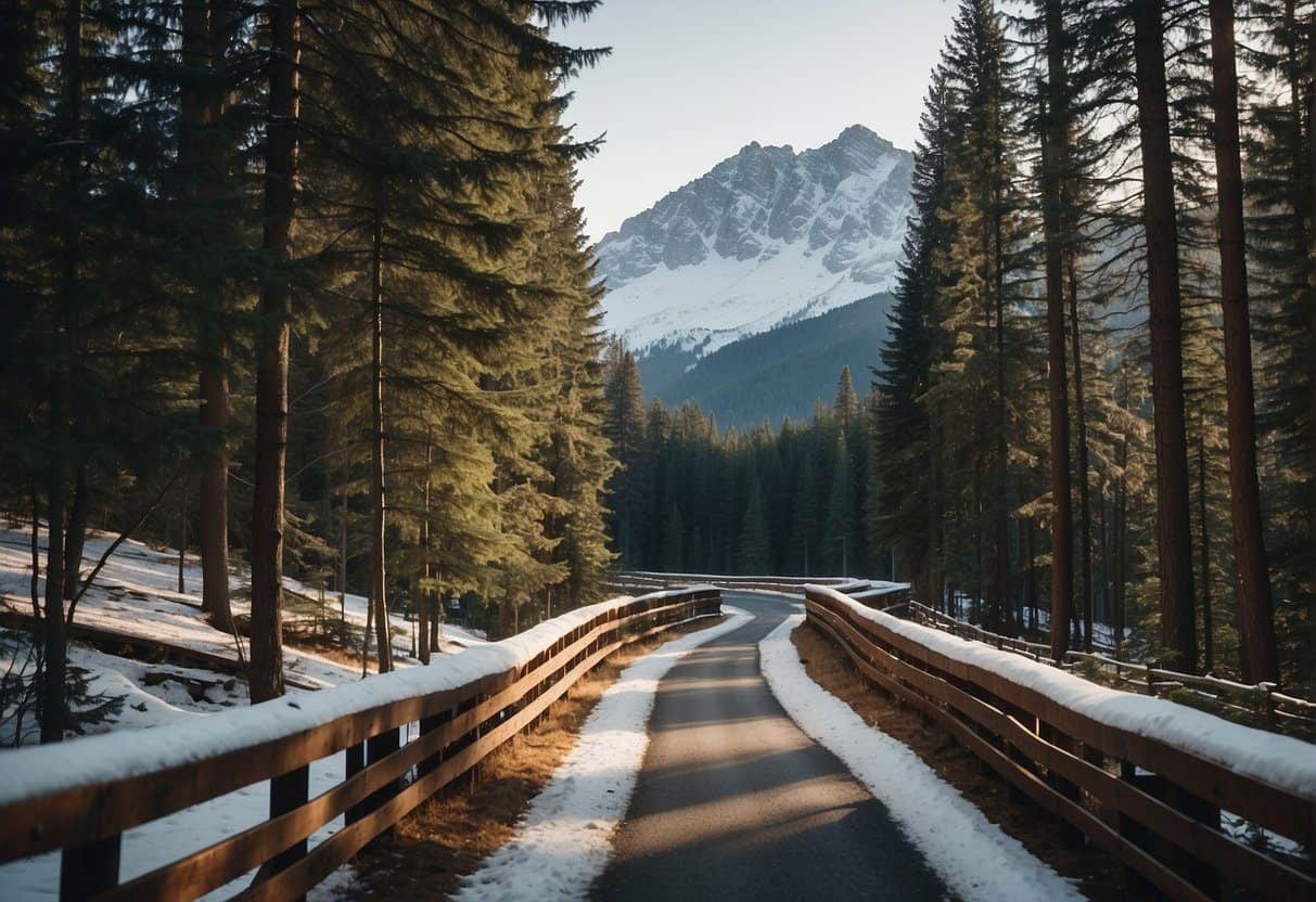 A winding trail leads through lush forest to a spacious parking lot nestled among towering trees, with a backdrop of snow-capped mountains in the distance