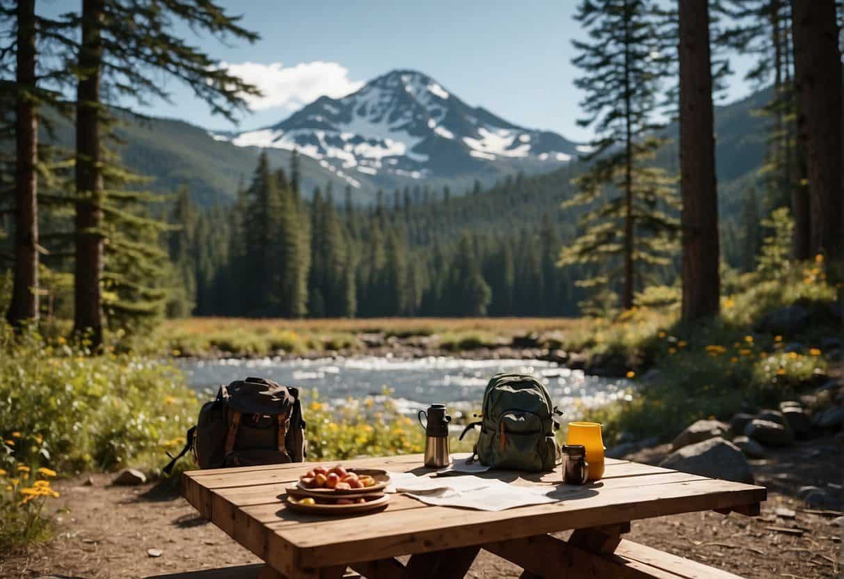 A campsite in the Pacific Northwest with a tent, backpack, hiking boots, and a map laid out on a picnic table. Surrounding the area are tall trees, a flowing river, and a mountain in the distance
