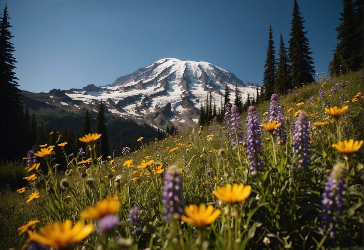 Colorful wildflowers bloom against the backdrop of Mount Rainier, with towering peaks and lush greenery in the distance