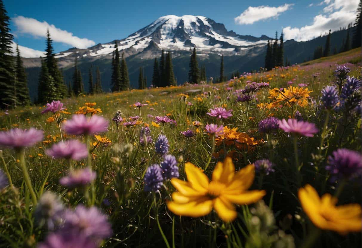 Vibrant wildflowers cover the meadows of Mount Rainier National Park, displaying a diverse array of colors and shapes