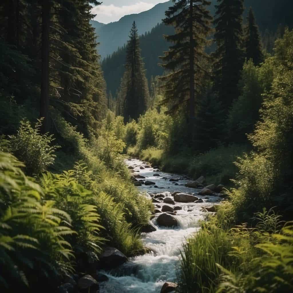 A trail winds through lush forest, crossing a bubbling stream and leading to a breathtaking mountain vista
