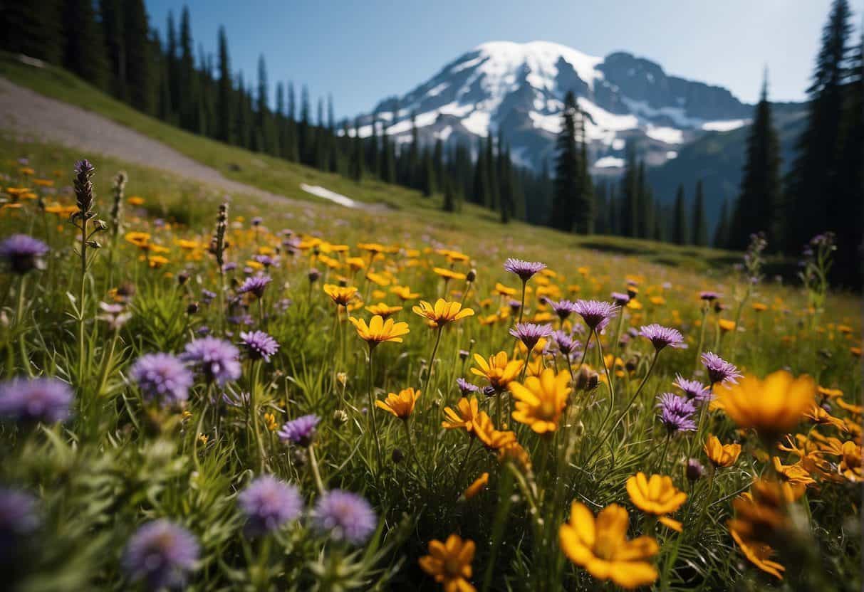 Colorful wildflowers blanket the meadows of Mount Rainier National Park, creating a vibrant display against the backdrop of the towering mountain