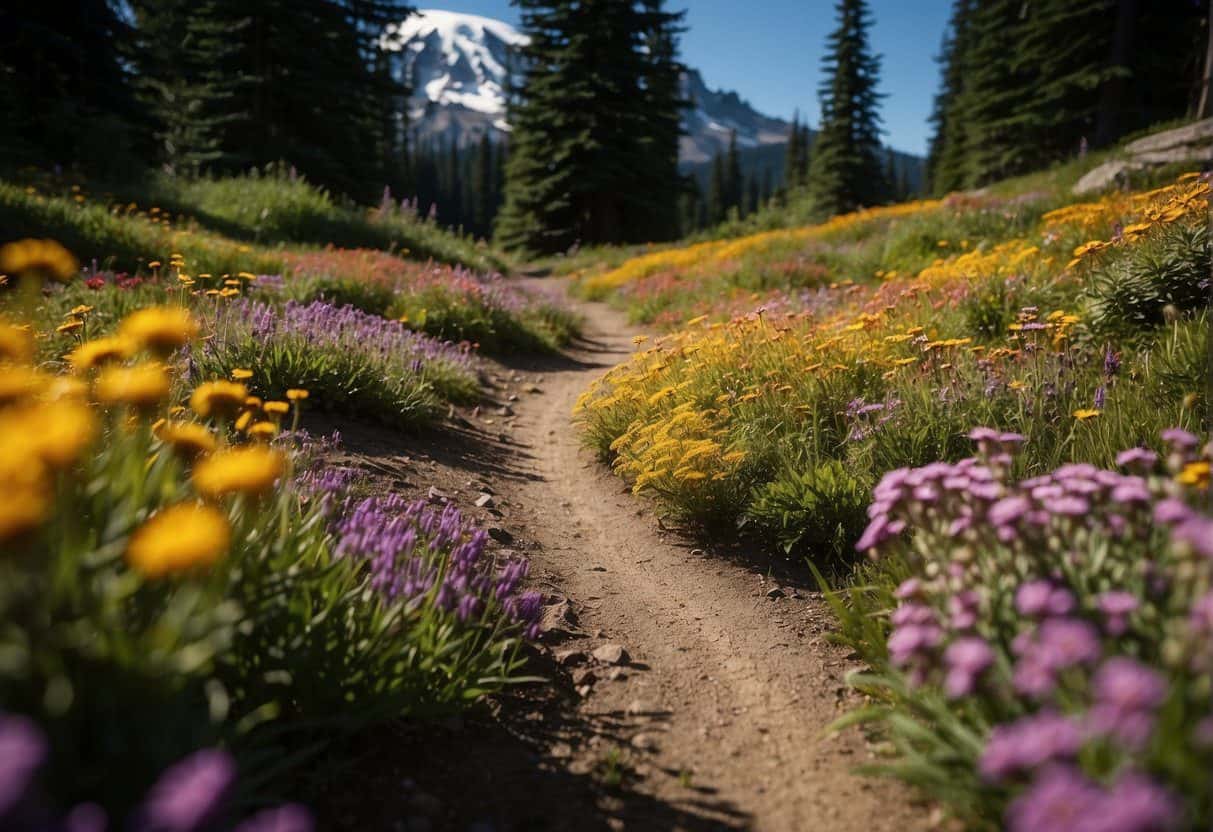Colorful wildflowers carpet the trails of Mount Rainier National Park, creating a vibrant and picturesque scene for nature enthusiasts to enjoy