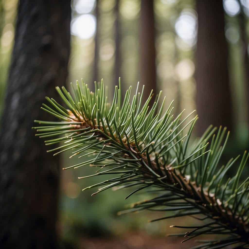 A pine tree stands tall, with long needles in clusters of two or more. Its bark is rough and furrowed, and it bears small, oval-shaped cones