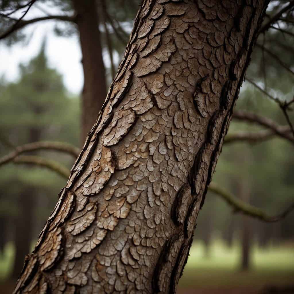 A tall pine tree with rough, scaly bark and long, slender branches reaching out in all directions
