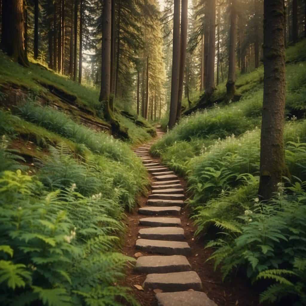 A winding trail ascends through lush forests, crossing rocky streams and steep inclines. The path is marked with vibrant wildflowers and towering evergreen trees