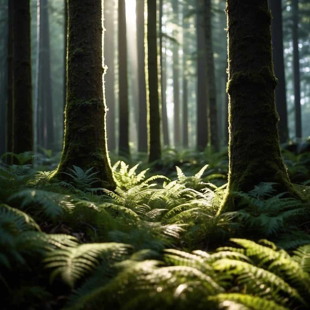 Towering evergreen trees rise amidst a vibrant forest, adorned with ferns and moss carpeting the earth. The sunlight gently filters through the thick foliage, creating a play of dappled shadows upon the forest floor. Just a few of the examples of common trees in Washington State Parks.