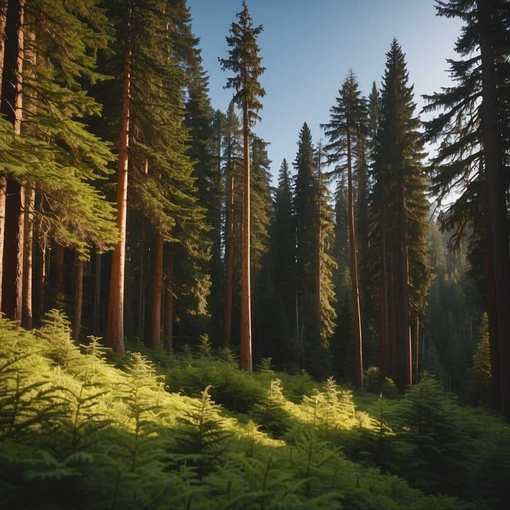 Tall evergreen trees stand in clusters, with Douglas firs and Western red cedars dominating the landscape in Washington state parks