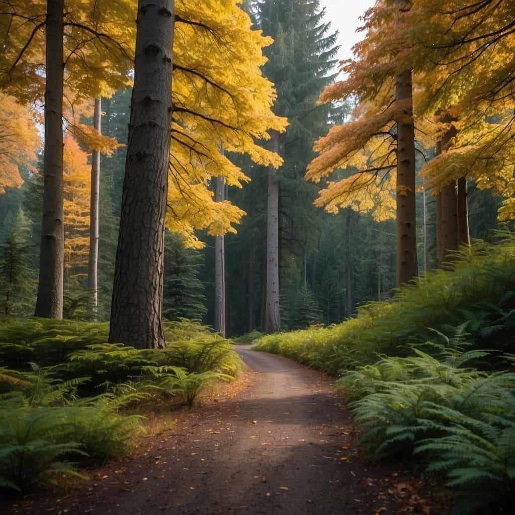 Lush green forests with tall evergreen trees, like Douglas firs and western red cedars, contrasting with the colorful autumn foliage of maple and alder trees