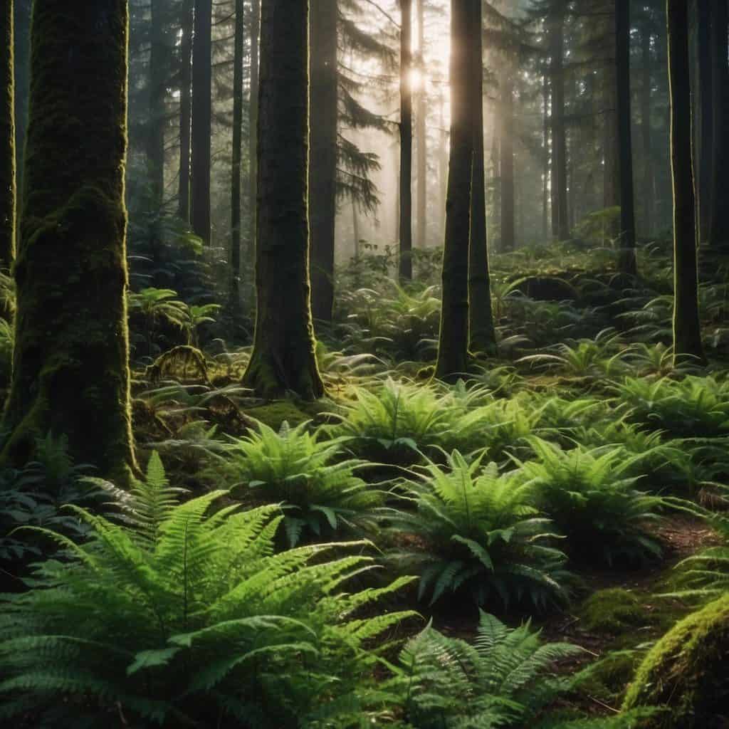 Tall evergreen trees stand in a lush forest, their branches reaching towards the sky. The ground is covered in a blanket of ferns and moss, creating a peaceful and serene atmosphere