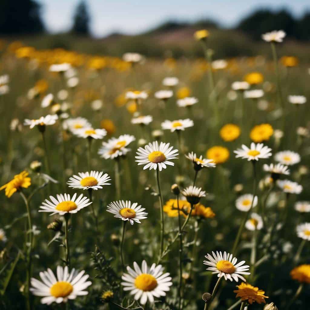 A field of wildflowers blooms in various colors and shapes, including daisies, sunflowers, and dandelions. Bees and butterflies hover around the blossoms, and tall grasses sway in the breeze