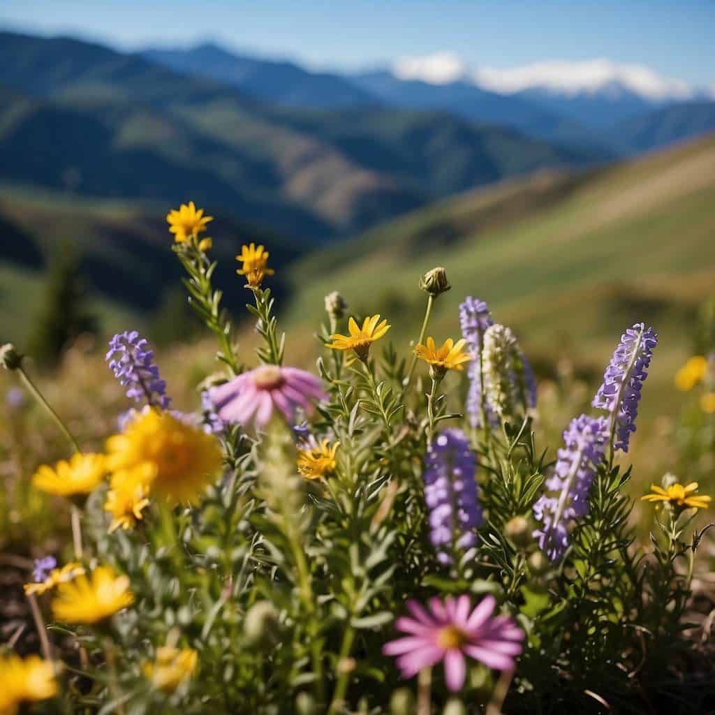 Colorful wildflowers blanket the rolling hills of Washington State, with snow-capped mountains in the distance and a clear blue sky overhead. Just small example of some of the common wildflowers in Washington.
