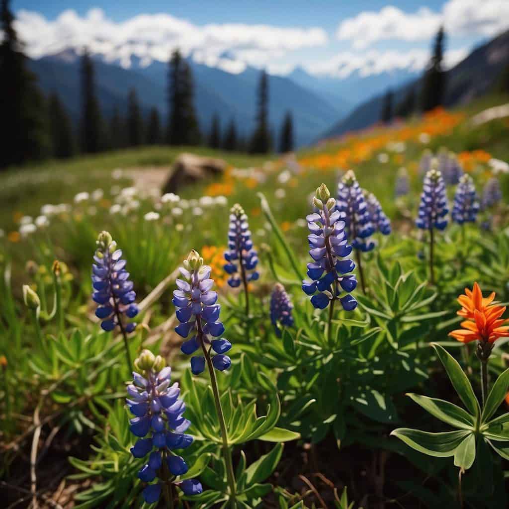 Vibrant lupine, Indian paintbrush, and avalanche lilies carpet the alpine meadows of Washington state.