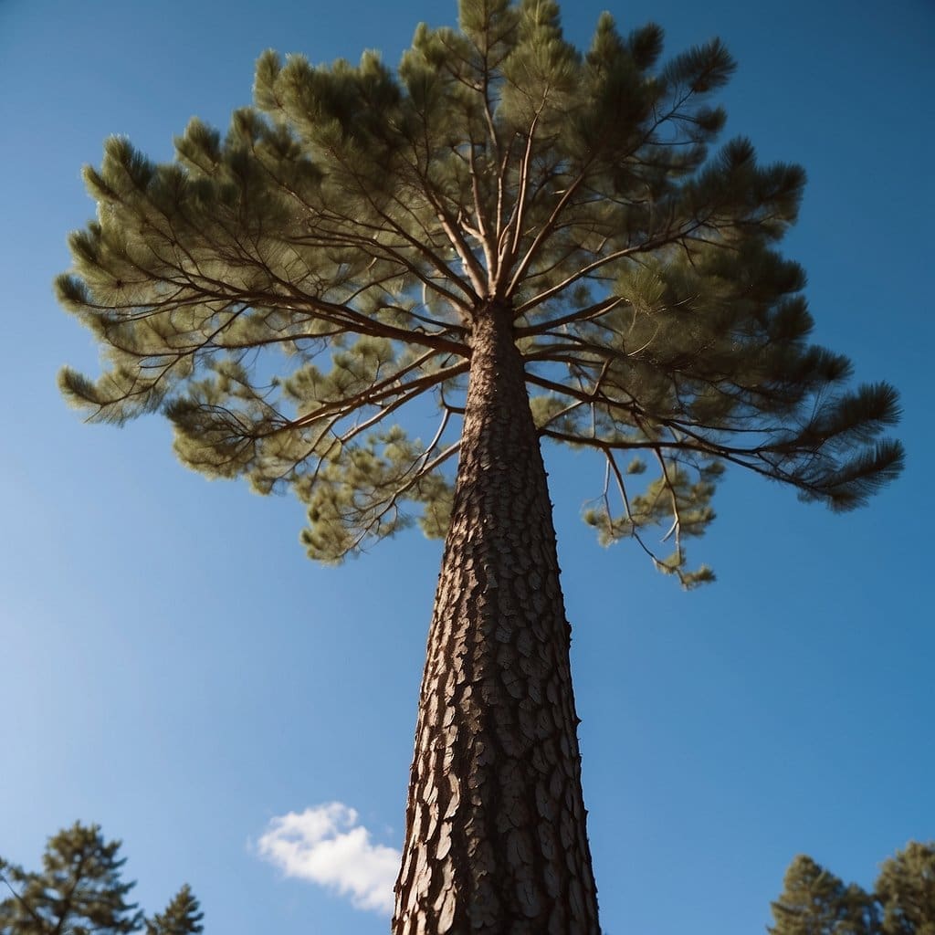 A tall pine tree stands against a clear blue sky, with long, straight trunk and branches forming a conical shape