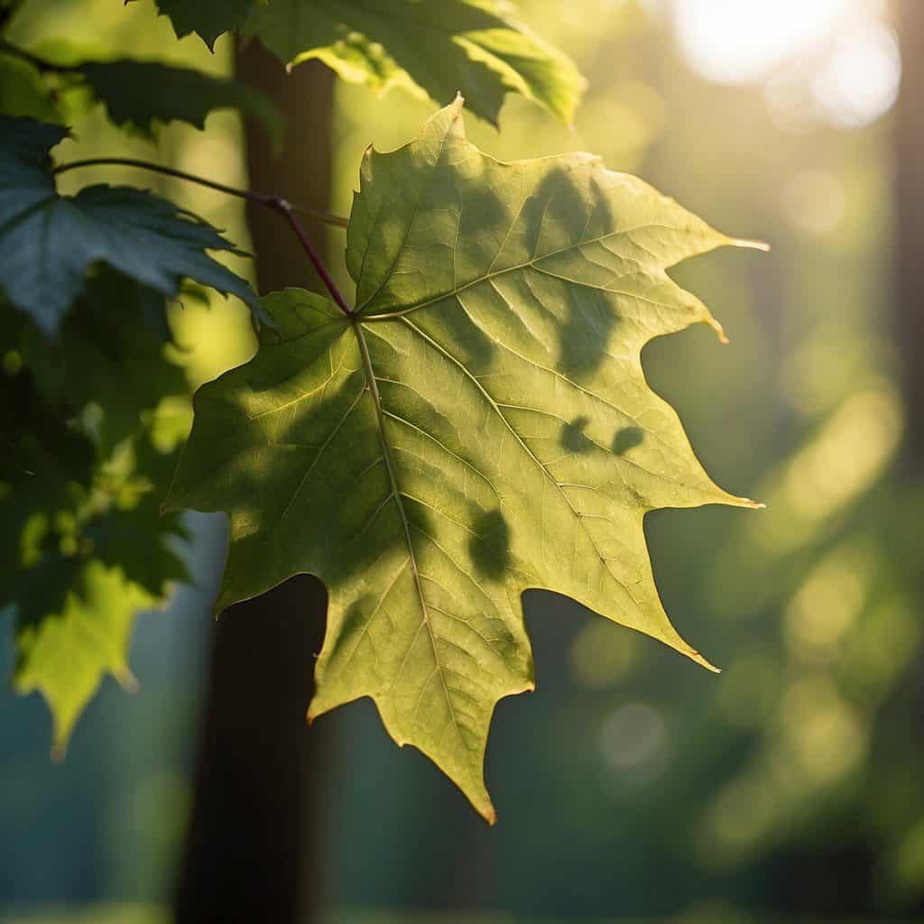 Big leaf maple leaves cascade down, dappled with sunlight, against a backdrop of towering evergreens in the Pacific Northwest