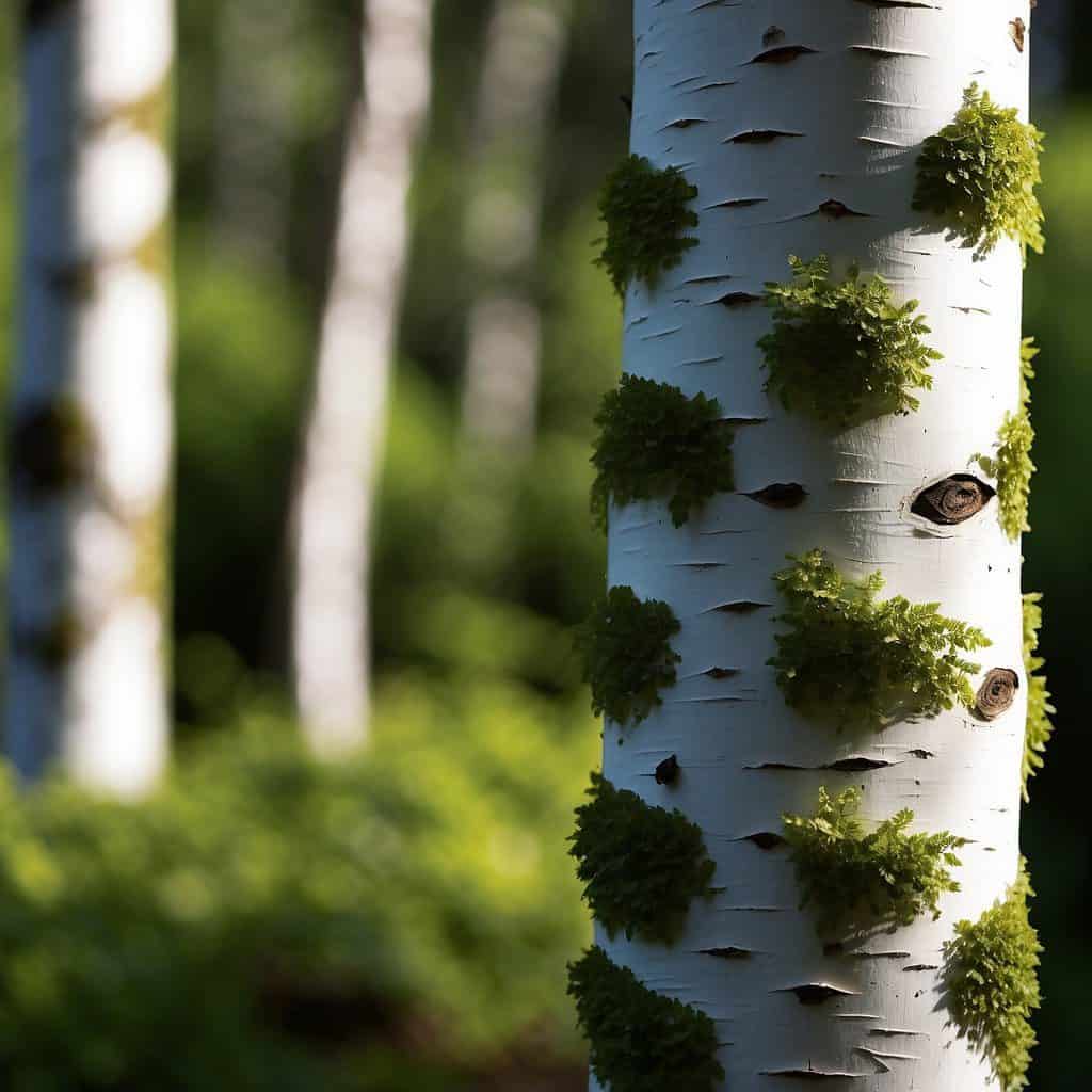 A paper birch tree stands tall in a dense Pacific Northwest forest, its distinctive white bark peeling in long, thin strips, with delicate green leaves fluttering in the breeze.