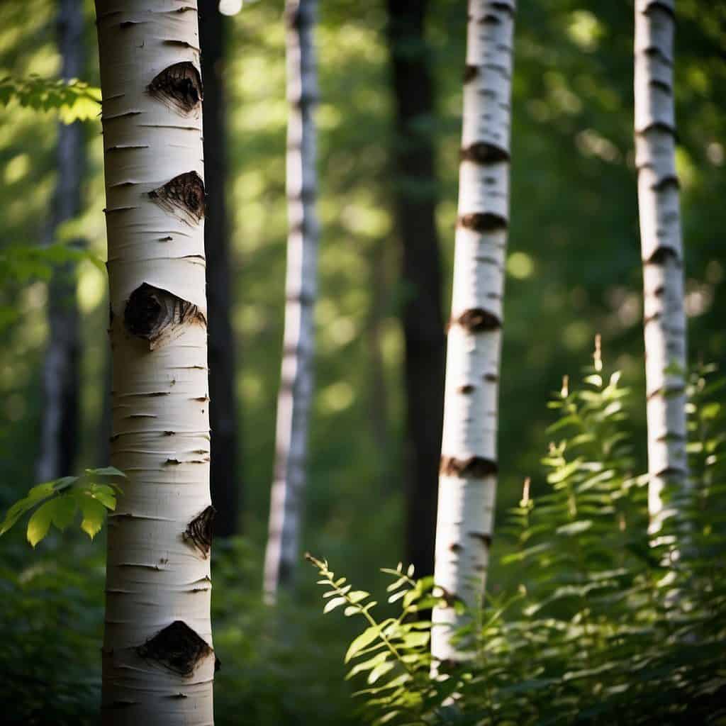 Sunlight filters through dense forest, illuminating the tall, slender paper birch trees with their distinctive white bark and delicate, heart-shaped leaves. Paper birch identification can be easy once you know the look of their unique white bark.