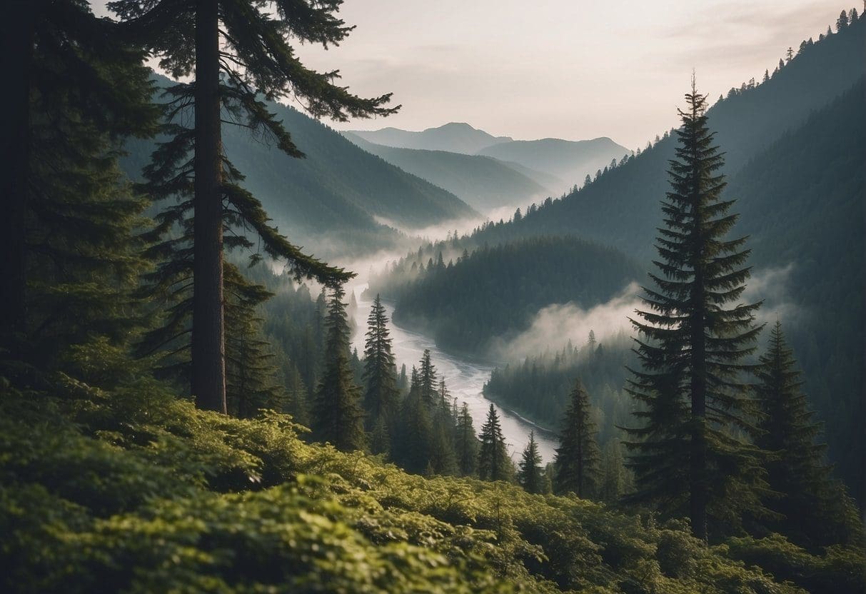 Tall evergreen trees stand amidst lush forest, with a backdrop of misty mountains and a winding river