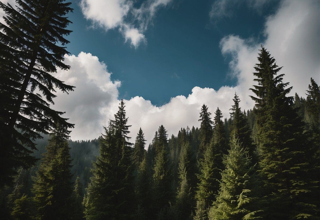 Tall evergreen trees stand amidst lush forest under a cloudy sky in the Pacific Northwest