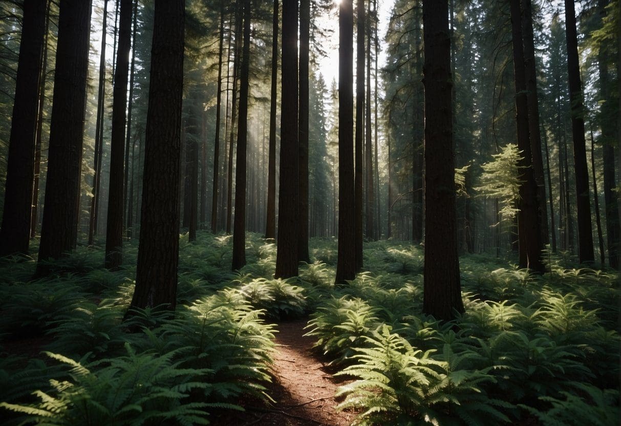 Tall evergreen trees stand in a dense forest, their dark green needles creating a lush and vibrant canopy. The sunlight filters through the branches, casting dappled shadows on the forest floor