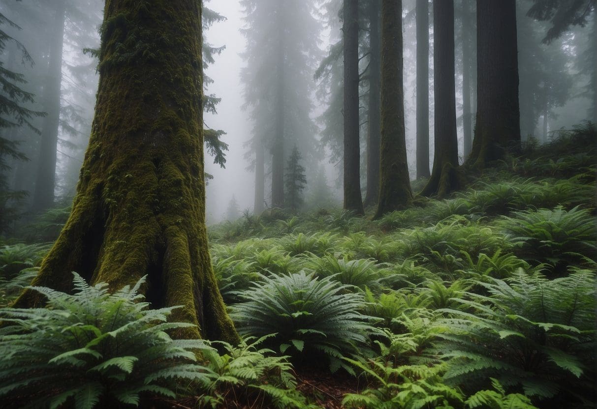Lush evergreen trees stand tall in the misty Pacific Northwest, surrounded by a diverse ecosystem of plants and wildlife