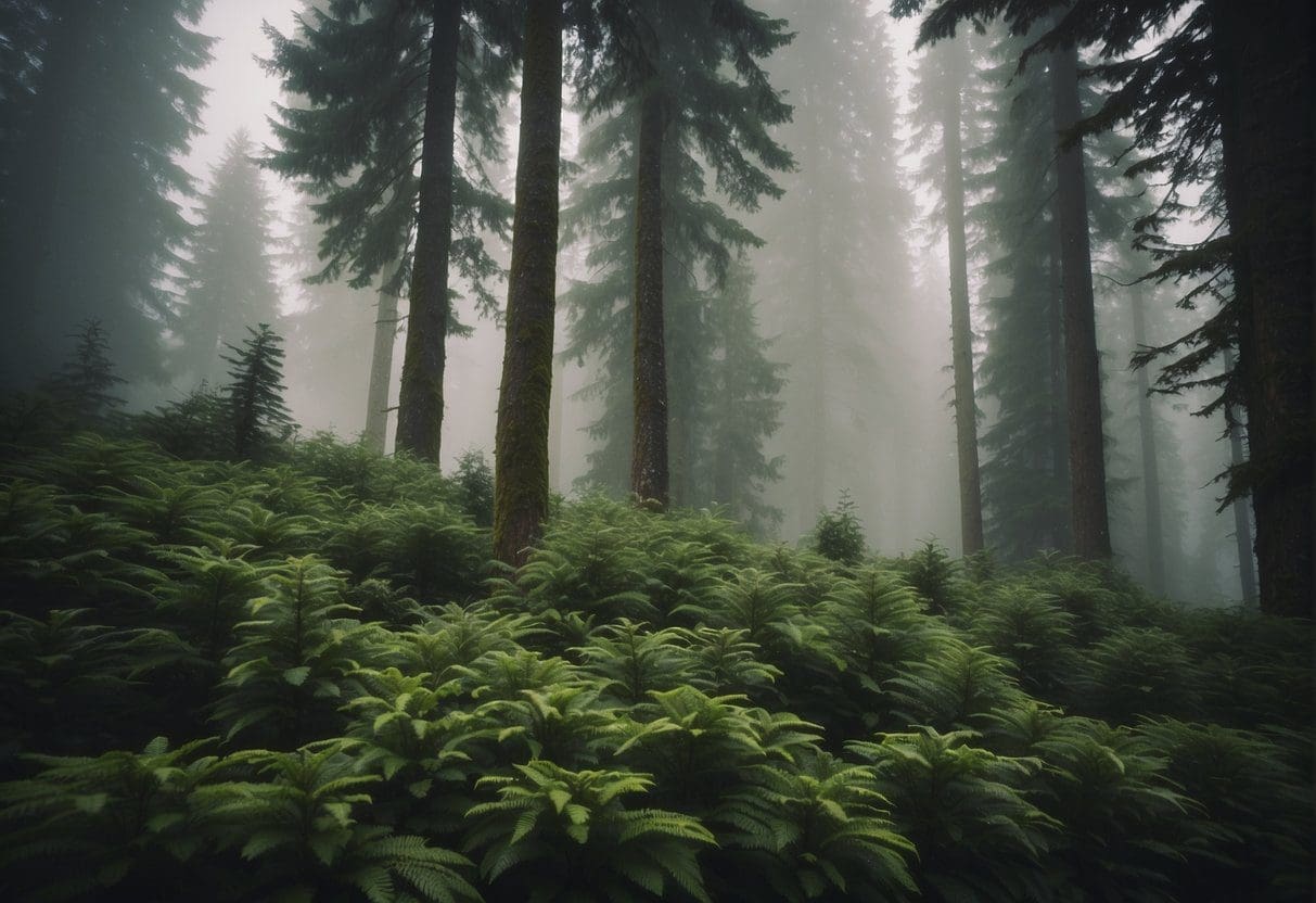 Lush green evergreen trees stand tall in the misty Pacific Northwest, their branches swaying gently in the cool breeze