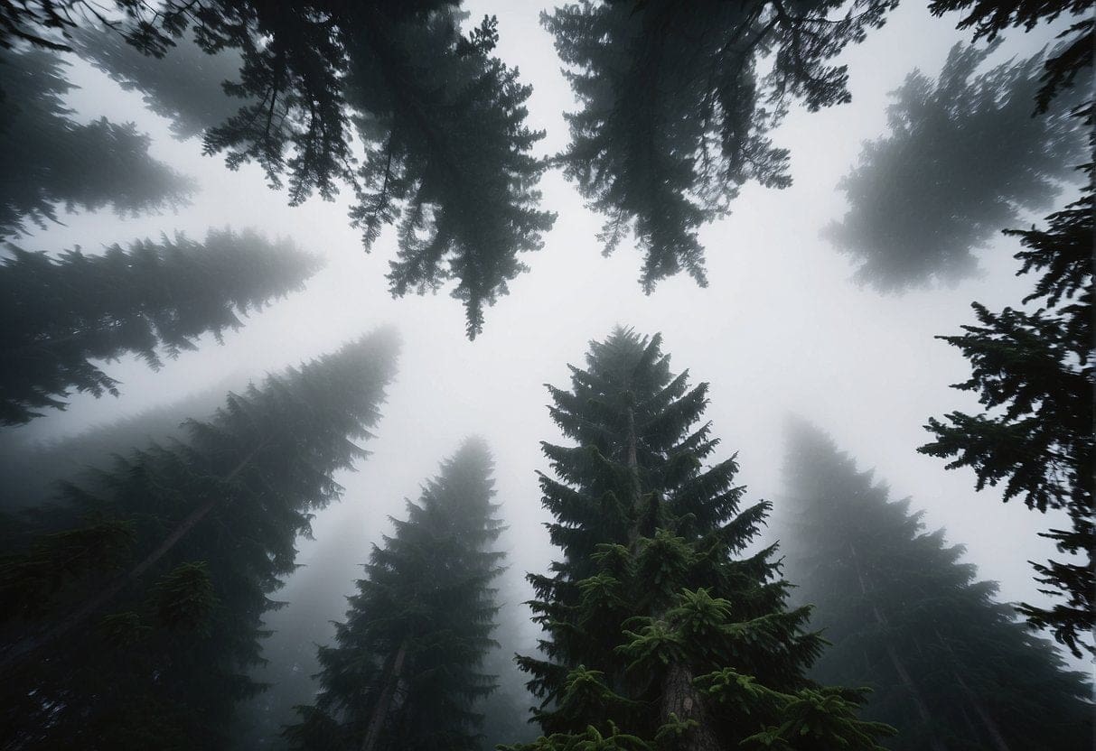 Tall evergreen trees stand against a misty backdrop in the Pacific Northwest, their branches reaching towards the sky
