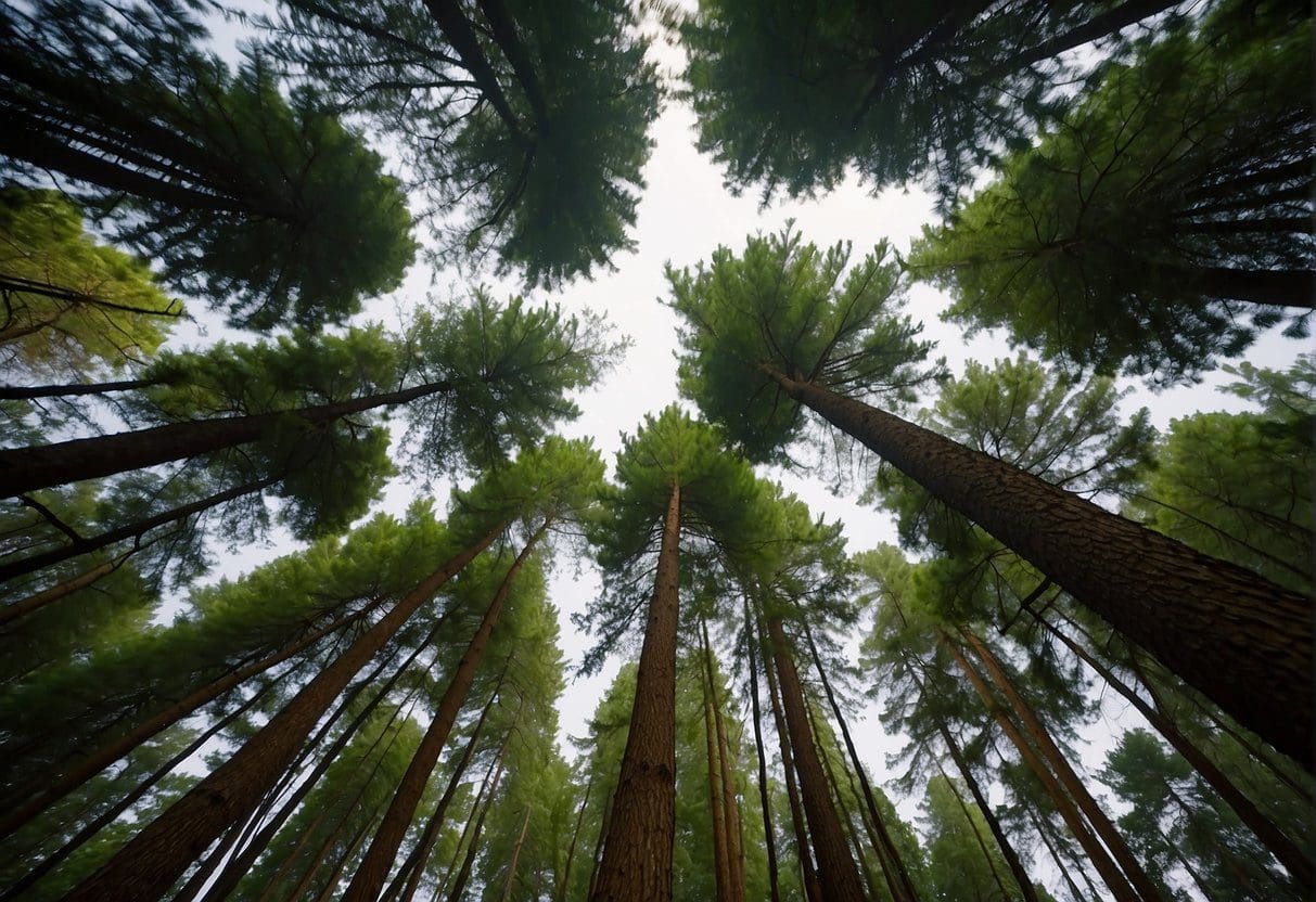 Tall, lush evergreen trees stretch towards the sky, their branches adorned with thick needles of varying shades of green. The forest floor is blanketed with fallen needles, creating a peaceful and serene scene