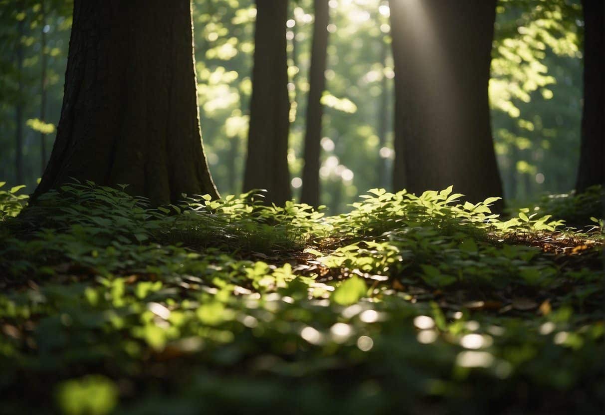 Sunlight filters through the dense canopy of deciduous trees, casting dappled shadows on the forest floor. Vibrant green leaves rustle in the gentle breeze, creating a serene and peaceful atmosphere
