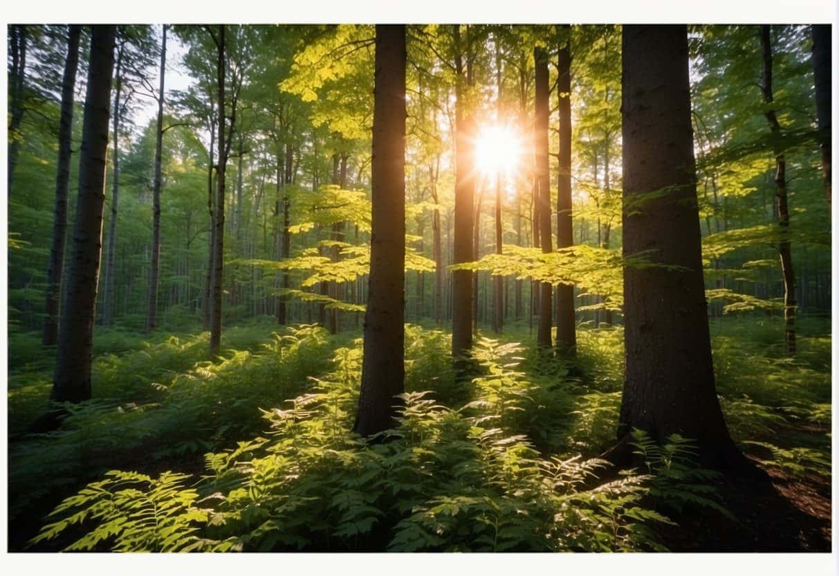 Sunlight filters through dense forest, highlighting vibrant leaves of maple, alder, and birch. A diverse ecosystem thrives amidst looming threats of deforestation and climate change