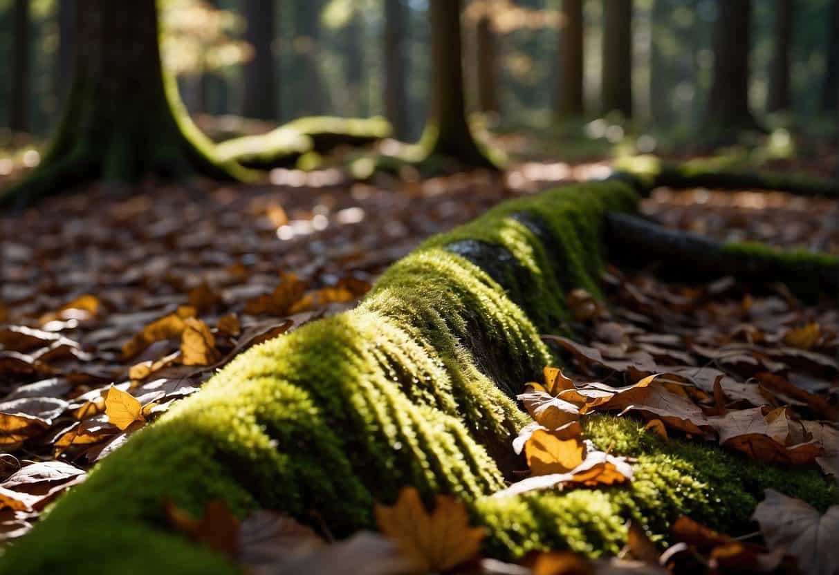 Sunlight filters through the dense canopy, illuminating the vibrant green leaves of pacific northwest deciduous trees. A variety of educational resources and identification tools are scattered around the forest floor