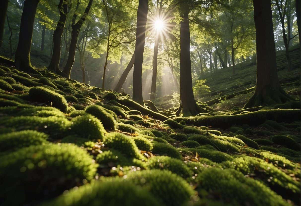 Lush forest floor, dappled sunlight filters through towering deciduous trees. Moss-covered branches provide habitat for birds and small mammals