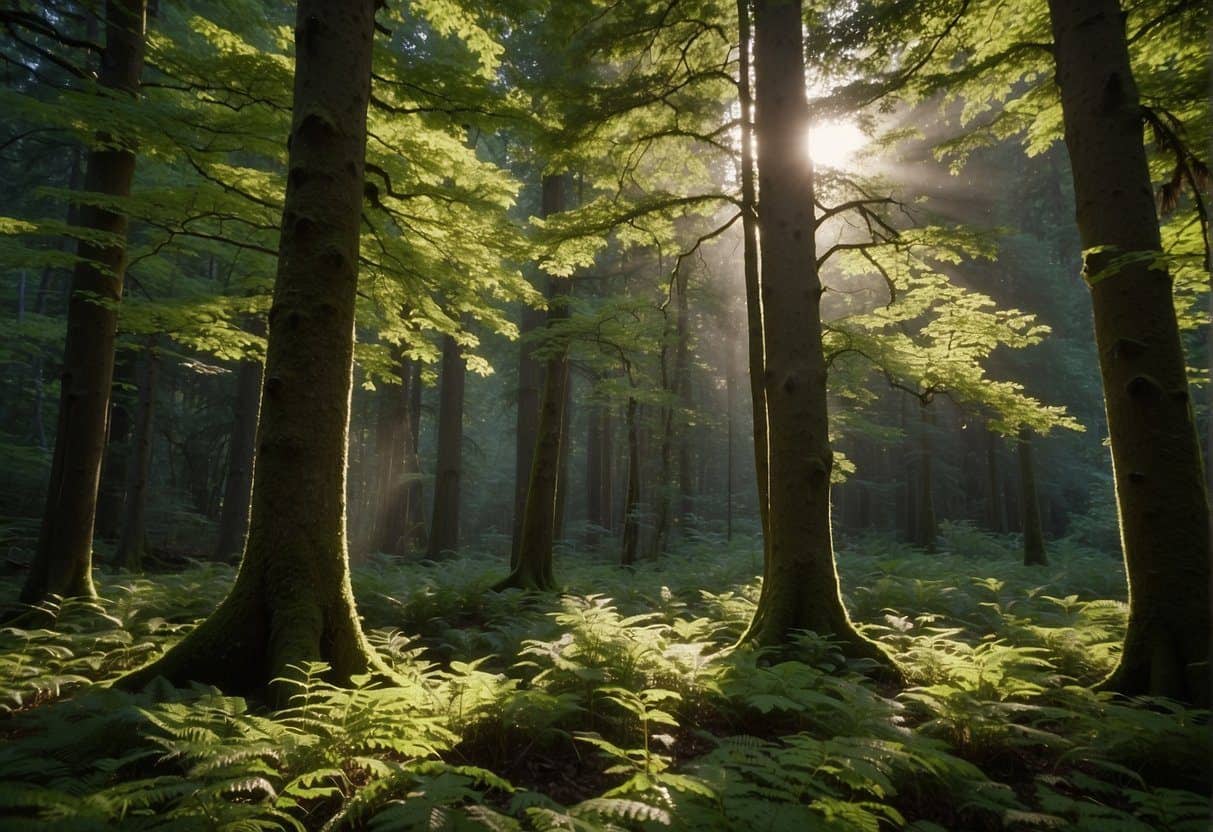 Lush forest with towering maple, oak, and birch trees in the Pacific Northwest. Sunlight filters through the dense foliage, casting dappled shadows on the forest floor