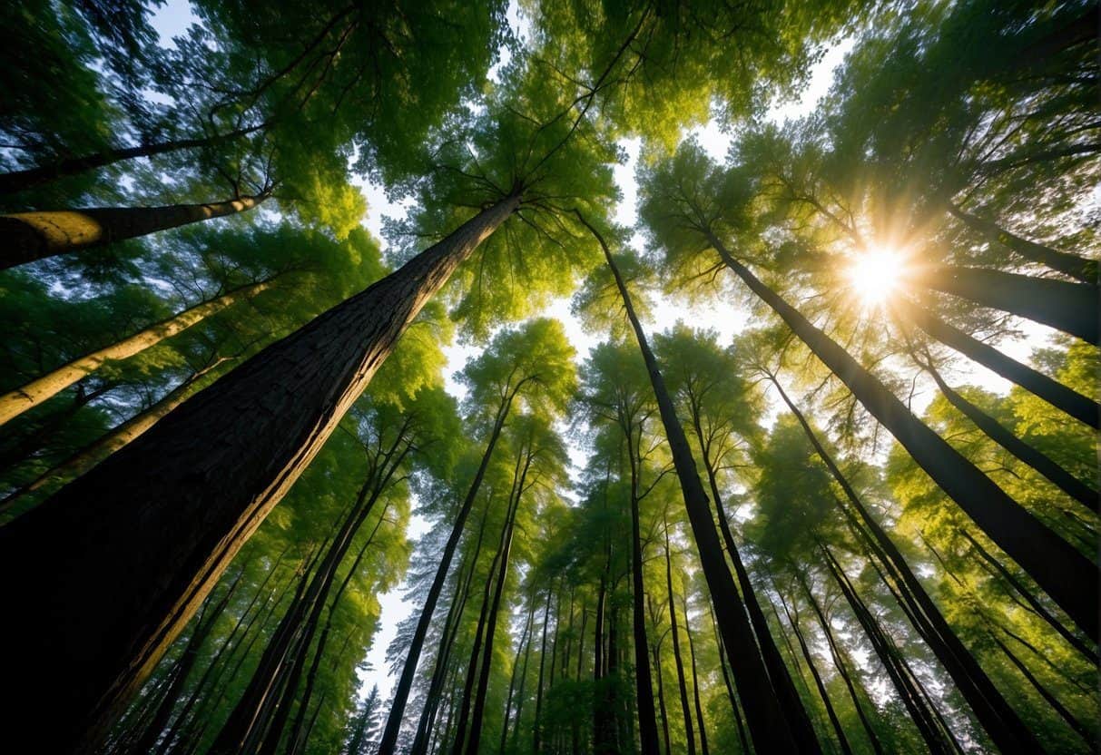 Sunlight filters through the dense canopy, illuminating the vibrant green leaves of the Pacific Northwest deciduous trees. A variety of species stand tall, their unique bark patterns and leaf shapes creating a diverse and lush forest landscape