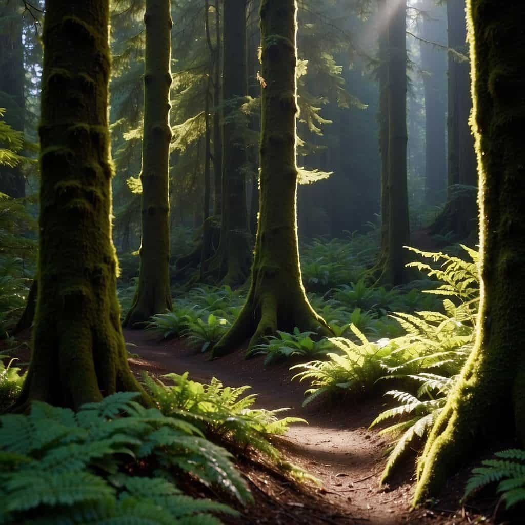 A towering big leaf maple tree stands in a lush Pacific Northwest forest, its large, distinctive leaves casting dappled shadows on the forest floor