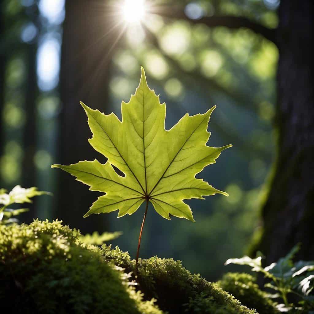 A towering big leaf maple stands amidst a lush Pacific Northwest forest, its broad leaves catching the dappled sunlight filtering through the dense canopy